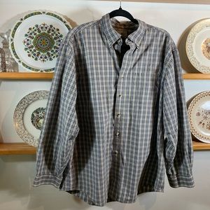 LL Bean Flannel Shirt Mens Large Tan Cream Blue Plaid Button Up Cotton